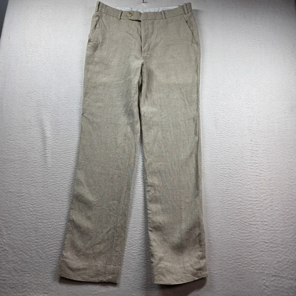 Bespoke StudioSuits Trousers Men 33x31 Beige Linen Handcrafted Flat Front